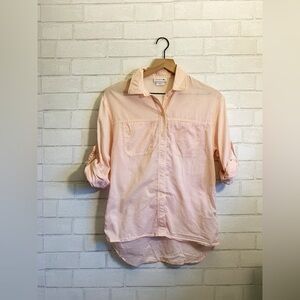 Lacoste Women's Light Pink Sheer Long Sleeve + Roll Tabs Button Up Shirt